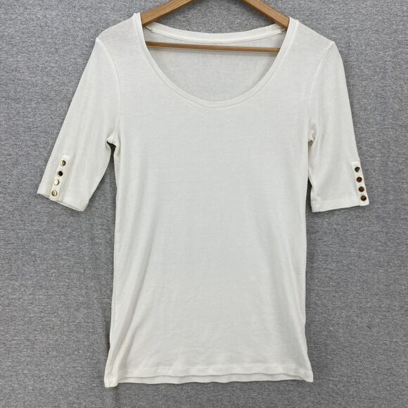 Ann Taylor Blouse Womens Medium White Scoop Neck 3/4 Sleeve Buttons - Picture 1 of 10